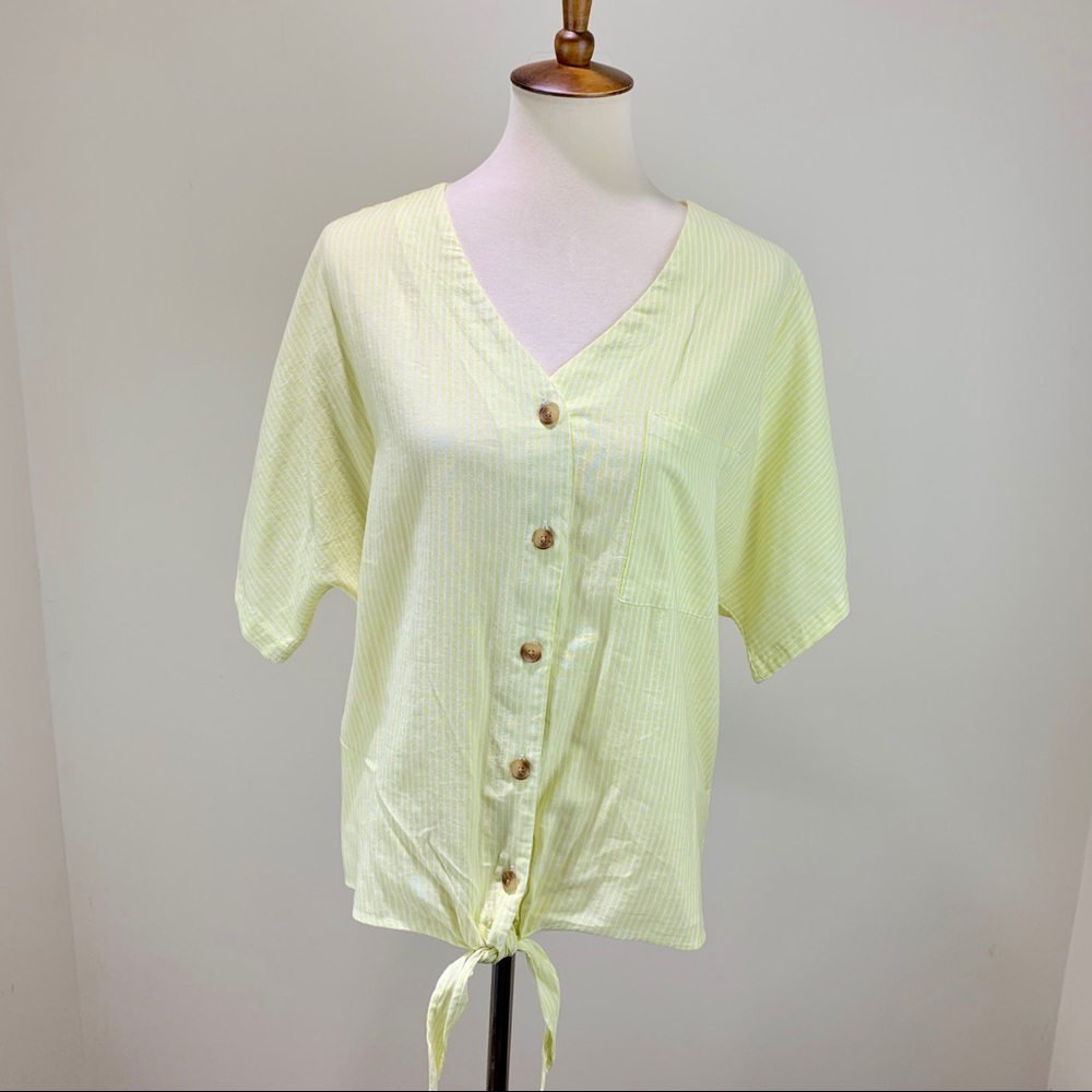 YELLOW STRIPED TIE FRONT BLOUSE